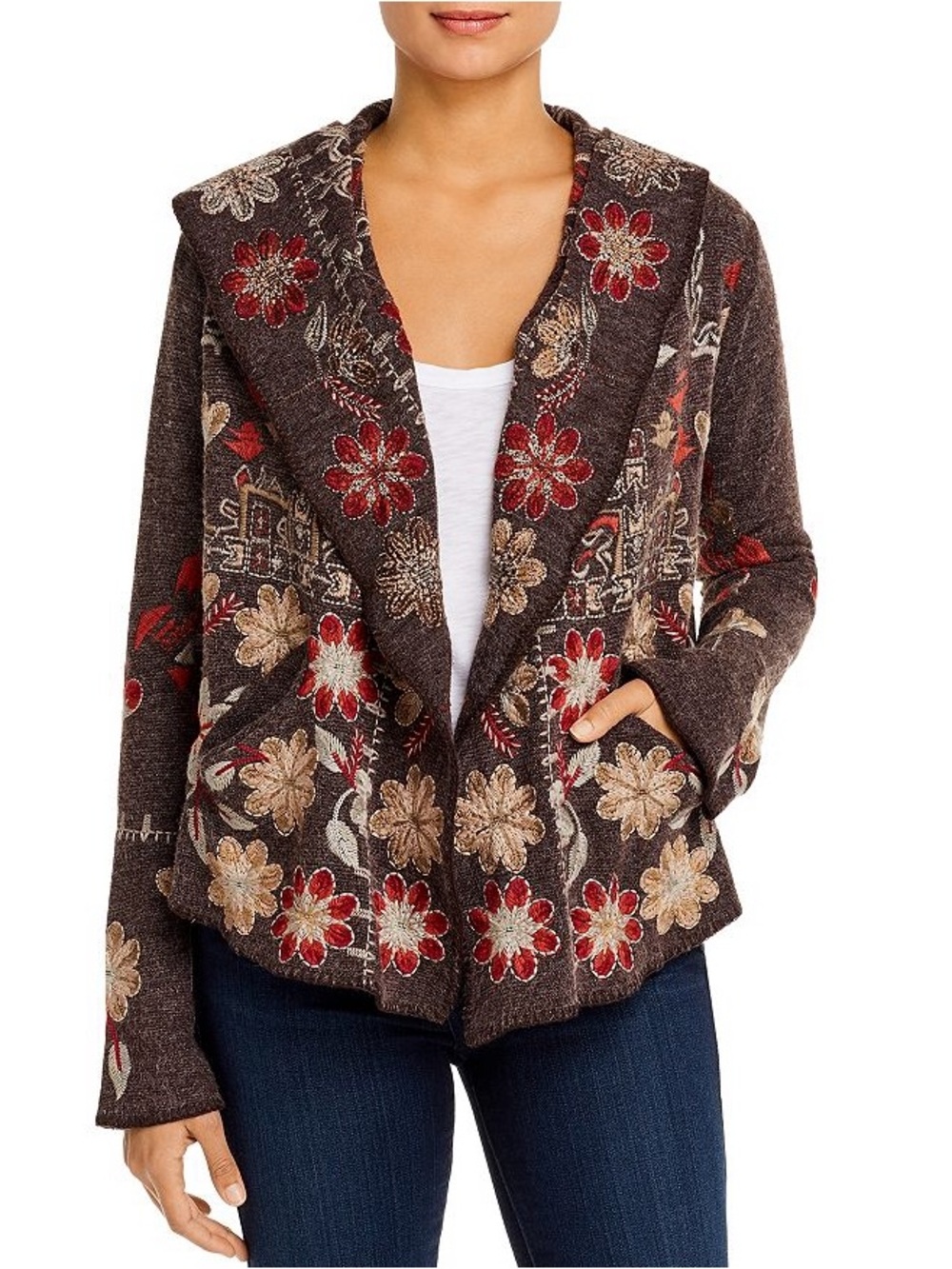Johnny Was Yoshi Short Hooded Embroidered Floral Cardigan Sweater Woodbark Brown